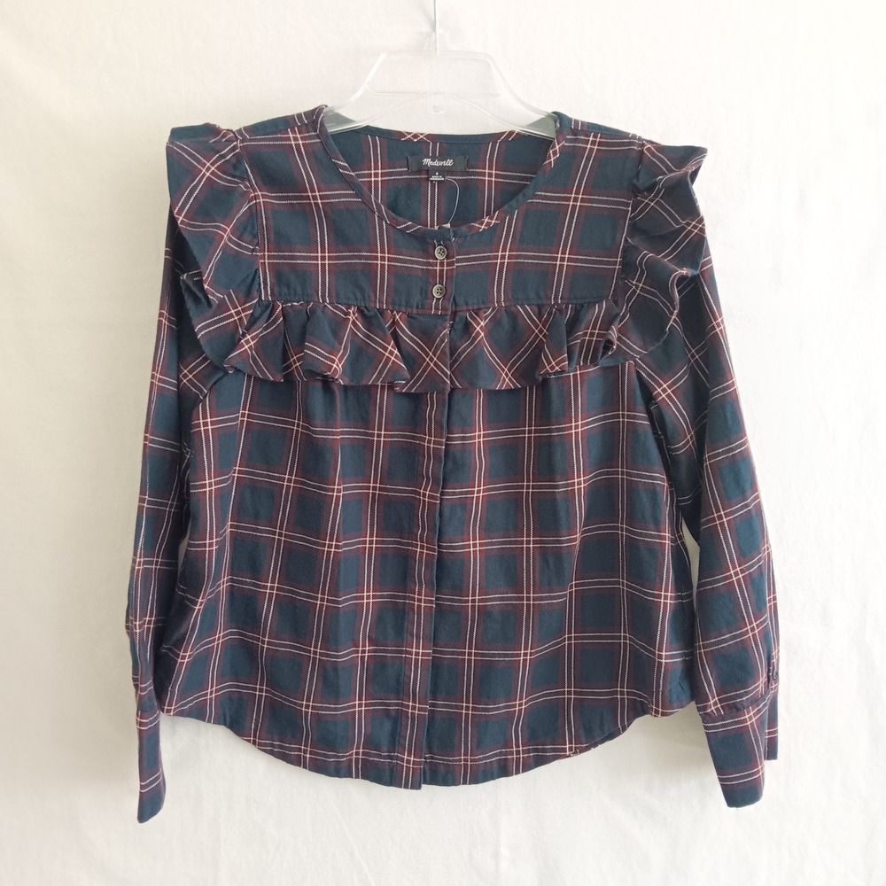 Madewell Ruffle Top Womens Small Blue Plaid Long Sleeve Blouse H3922 NWT Cottage